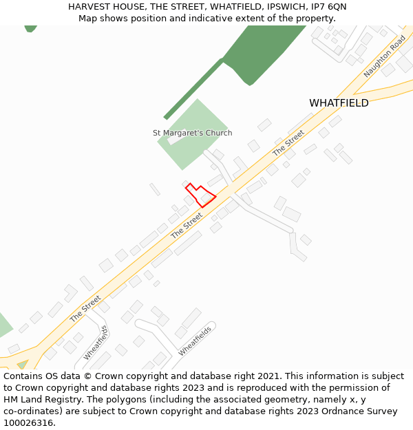 HARVEST HOUSE, THE STREET, WHATFIELD, IPSWICH, IP7 6QN: Location map and indicative extent of plot