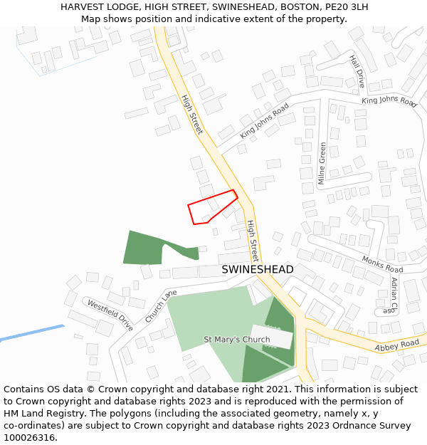 HARVEST LODGE, HIGH STREET, SWINESHEAD, BOSTON, PE20 3LH: Location map and indicative extent of plot