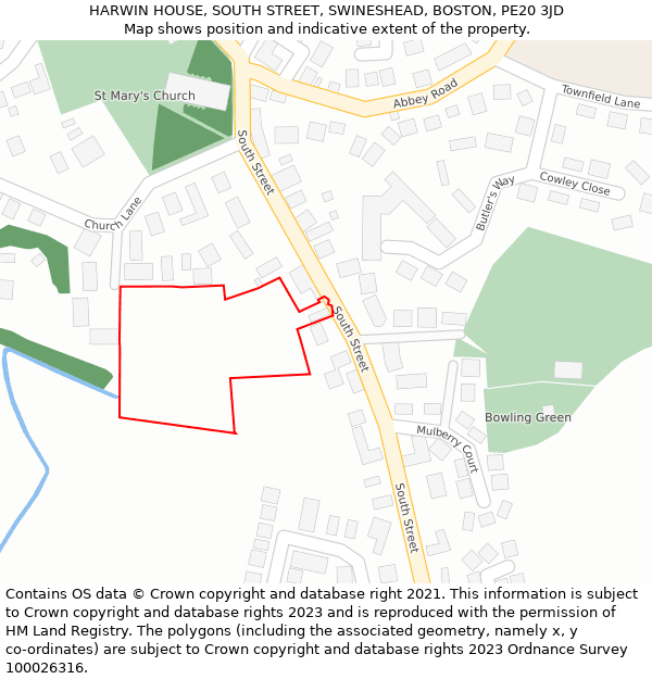 HARWIN HOUSE, SOUTH STREET, SWINESHEAD, BOSTON, PE20 3JD: Location map and indicative extent of plot