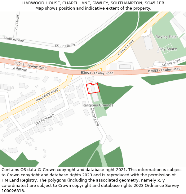 HARWOOD HOUSE, CHAPEL LANE, FAWLEY, SOUTHAMPTON, SO45 1EB: Location map and indicative extent of plot