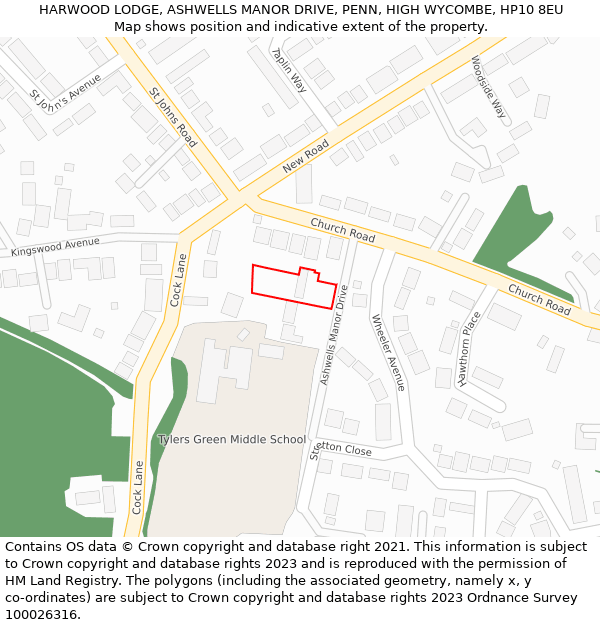 HARWOOD LODGE, ASHWELLS MANOR DRIVE, PENN, HIGH WYCOMBE, HP10 8EU: Location map and indicative extent of plot