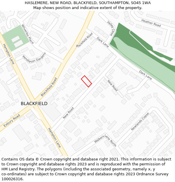 HASLEMERE, NEW ROAD, BLACKFIELD, SOUTHAMPTON, SO45 1WA: Location map and indicative extent of plot