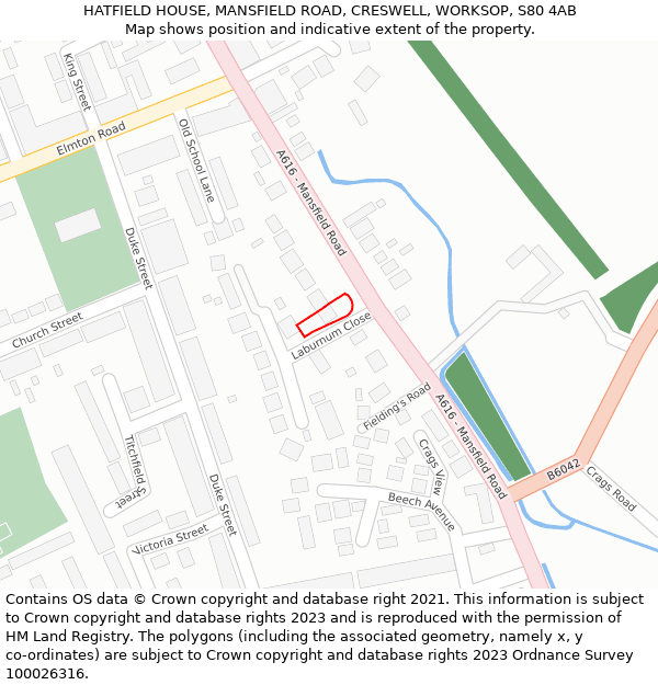 HATFIELD HOUSE, MANSFIELD ROAD, CRESWELL, WORKSOP, S80 4AB: Location map and indicative extent of plot
