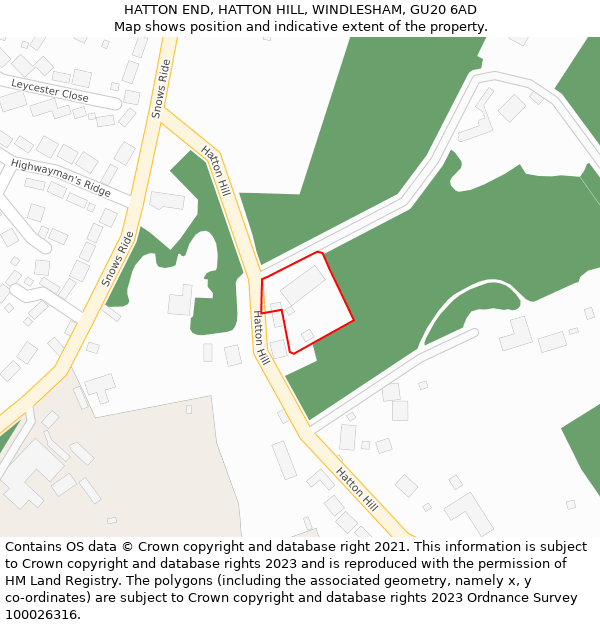 HATTON END, HATTON HILL, WINDLESHAM, GU20 6AD: Location map and indicative extent of plot