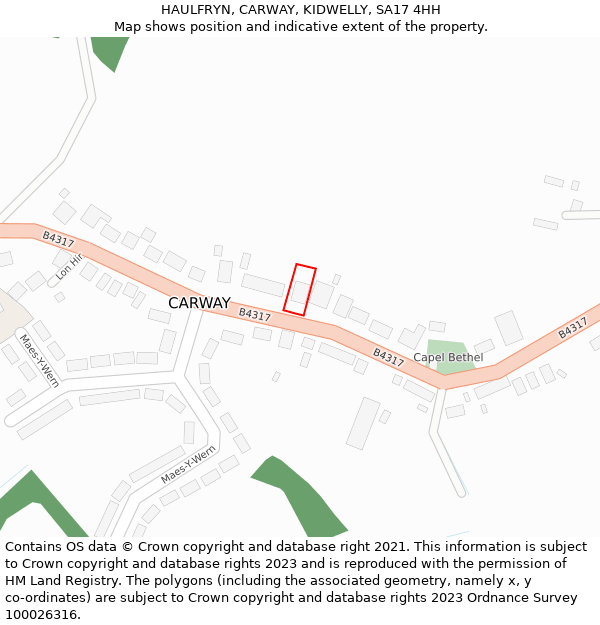 HAULFRYN, CARWAY, KIDWELLY, SA17 4HH: Location map and indicative extent of plot