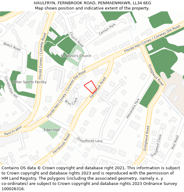 HAULFRYN, FERNBROOK ROAD, PENMAENMAWR, LL34 6EG: Location map and indicative extent of plot