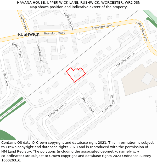 HAVANA HOUSE, UPPER WICK LANE, RUSHWICK, WORCESTER, WR2 5SN: Location map and indicative extent of plot