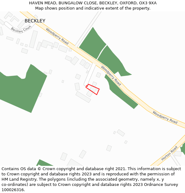 HAVEN MEAD, BUNGALOW CLOSE, BECKLEY, OXFORD, OX3 9XA: Location map and indicative extent of plot