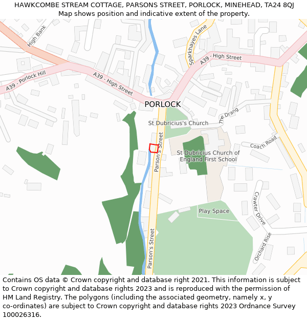 HAWKCOMBE STREAM COTTAGE, PARSONS STREET, PORLOCK, MINEHEAD, TA24 8QJ: Location map and indicative extent of plot