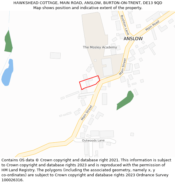 HAWKSHEAD COTTAGE, MAIN ROAD, ANSLOW, BURTON-ON-TRENT, DE13 9QD: Location map and indicative extent of plot