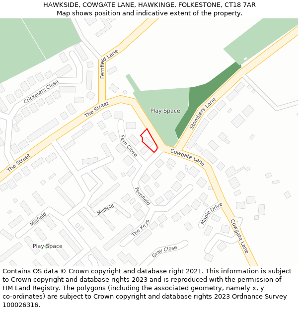 HAWKSIDE, COWGATE LANE, HAWKINGE, FOLKESTONE, CT18 7AR: Location map and indicative extent of plot