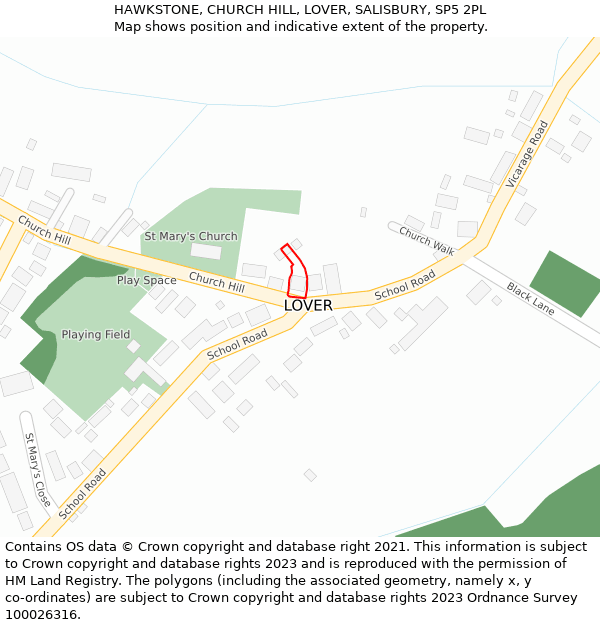 HAWKSTONE, CHURCH HILL, LOVER, SALISBURY, SP5 2PL: Location map and indicative extent of plot