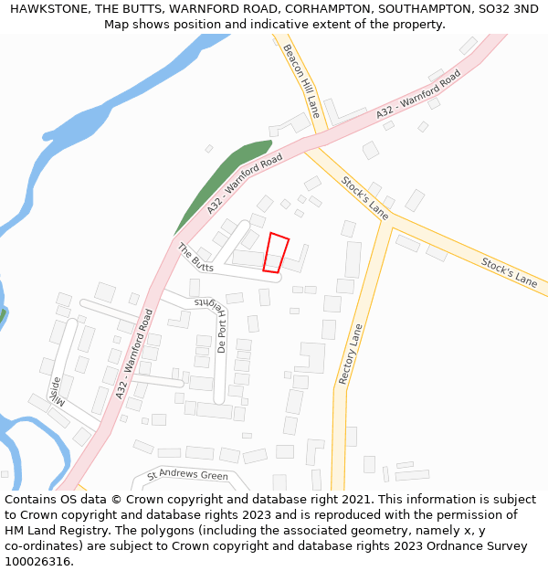 HAWKSTONE, THE BUTTS, WARNFORD ROAD, CORHAMPTON, SOUTHAMPTON, SO32 3ND: Location map and indicative extent of plot
