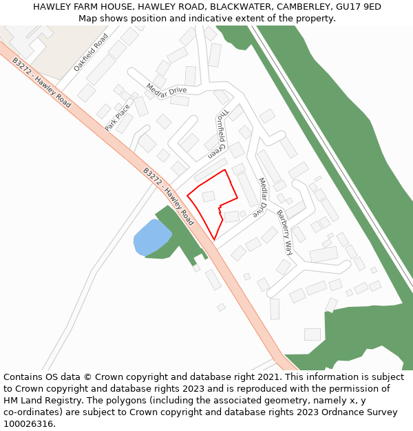 HAWLEY FARM HOUSE, HAWLEY ROAD, BLACKWATER, CAMBERLEY, GU17 9ED: Location map and indicative extent of plot