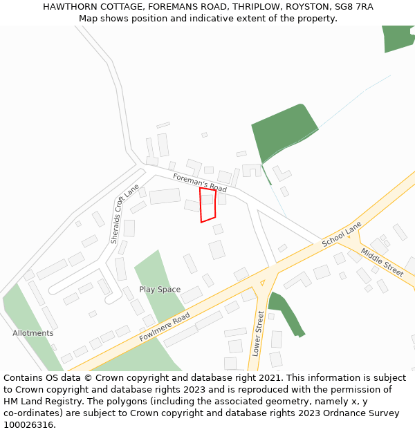 HAWTHORN COTTAGE, FOREMANS ROAD, THRIPLOW, ROYSTON, SG8 7RA: Location map and indicative extent of plot