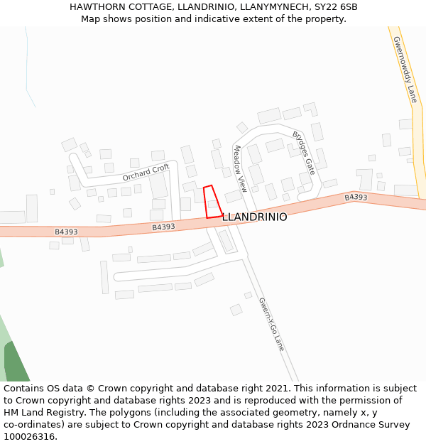 HAWTHORN COTTAGE, LLANDRINIO, LLANYMYNECH, SY22 6SB: Location map and indicative extent of plot