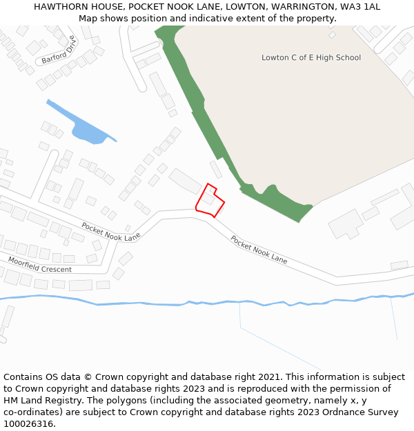 HAWTHORN HOUSE, POCKET NOOK LANE, LOWTON, WARRINGTON, WA3 1AL: Location map and indicative extent of plot