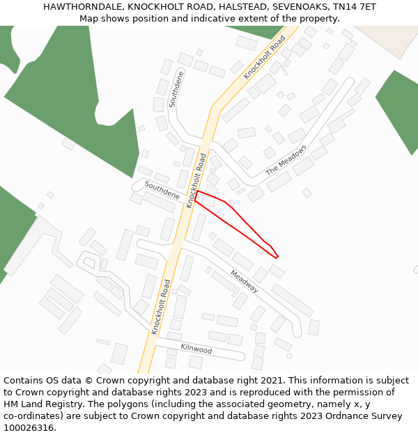 HAWTHORNDALE, KNOCKHOLT ROAD, HALSTEAD, SEVENOAKS, TN14 7ET: Location map and indicative extent of plot