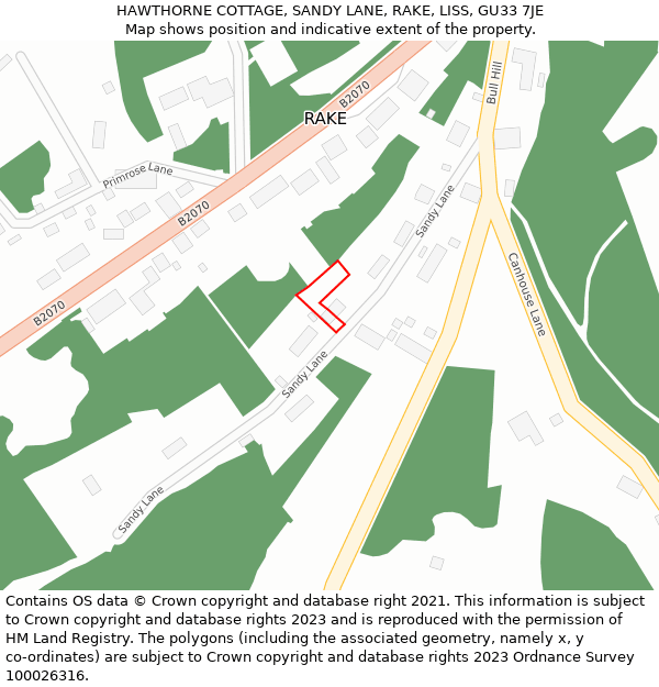 HAWTHORNE COTTAGE, SANDY LANE, RAKE, LISS, GU33 7JE: Location map and indicative extent of plot