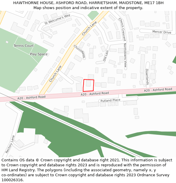 HAWTHORNE HOUSE, ASHFORD ROAD, HARRIETSHAM, MAIDSTONE, ME17 1BH: Location map and indicative extent of plot
