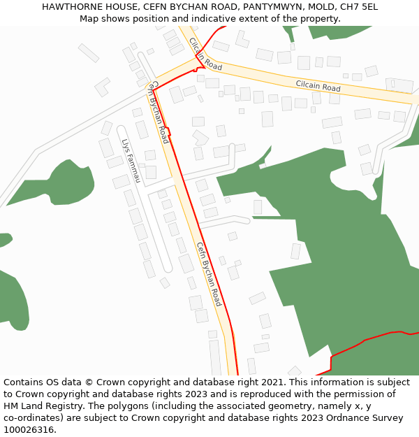 HAWTHORNE HOUSE, CEFN BYCHAN ROAD, PANTYMWYN, MOLD, CH7 5EL: Location map and indicative extent of plot
