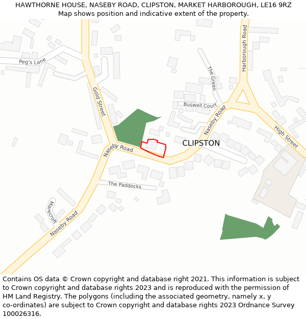 HAWTHORNE HOUSE, NASEBY ROAD, CLIPSTON, MARKET HARBOROUGH, LE16 9RZ: Location map and indicative extent of plot