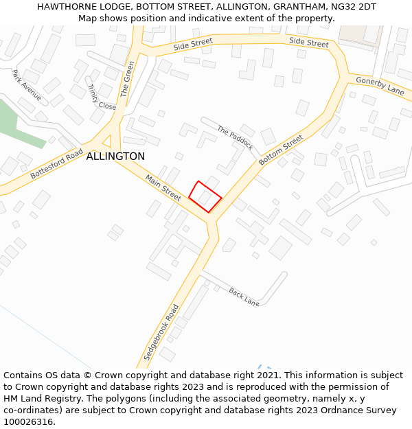 HAWTHORNE LODGE, BOTTOM STREET, ALLINGTON, GRANTHAM, NG32 2DT: Location map and indicative extent of plot