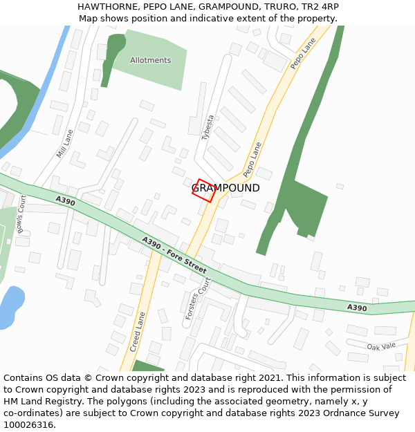 HAWTHORNE, PEPO LANE, GRAMPOUND, TRURO, TR2 4RP: Location map and indicative extent of plot