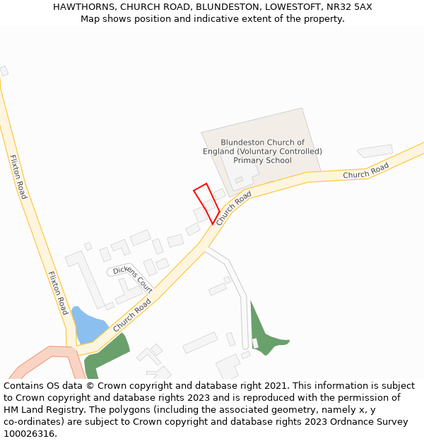 HAWTHORNS, CHURCH ROAD, BLUNDESTON, LOWESTOFT, NR32 5AX: Location map and indicative extent of plot