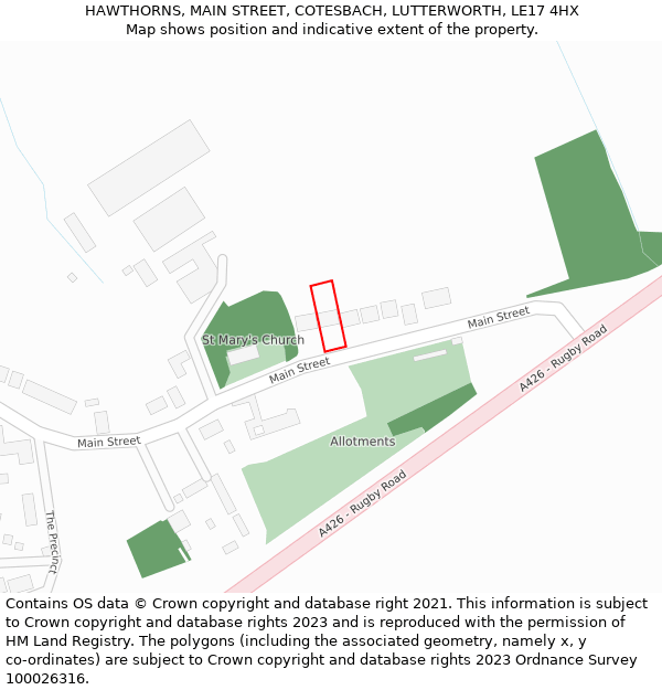 HAWTHORNS, MAIN STREET, COTESBACH, LUTTERWORTH, LE17 4HX: Location map and indicative extent of plot