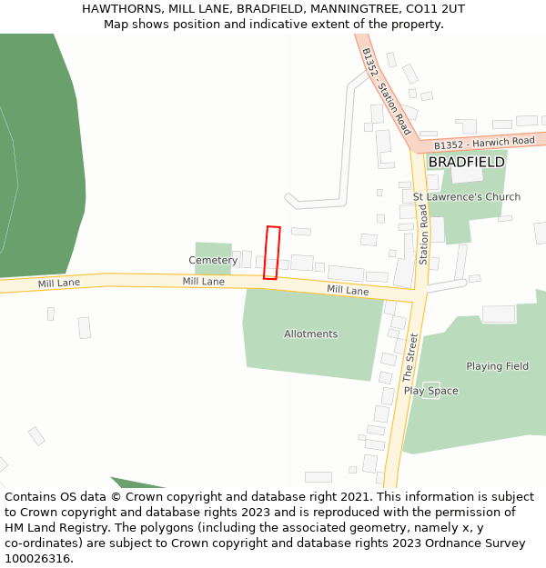 HAWTHORNS, MILL LANE, BRADFIELD, MANNINGTREE, CO11 2UT: Location map and indicative extent of plot