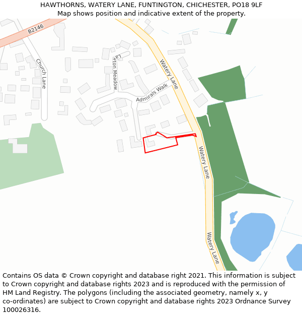 HAWTHORNS, WATERY LANE, FUNTINGTON, CHICHESTER, PO18 9LF: Location map and indicative extent of plot