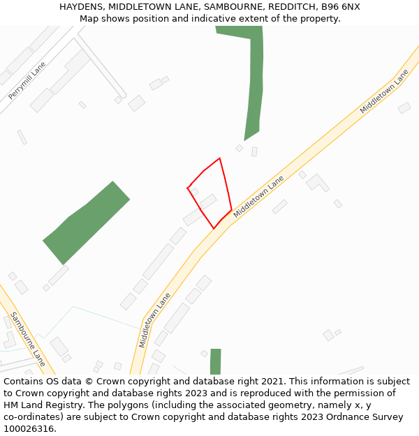 HAYDENS, MIDDLETOWN LANE, SAMBOURNE, REDDITCH, B96 6NX: Location map and indicative extent of plot