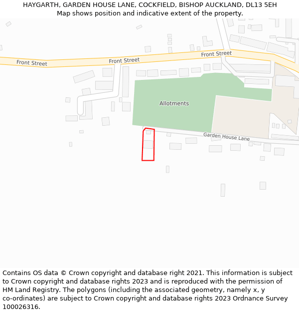 HAYGARTH, GARDEN HOUSE LANE, COCKFIELD, BISHOP AUCKLAND, DL13 5EH: Location map and indicative extent of plot