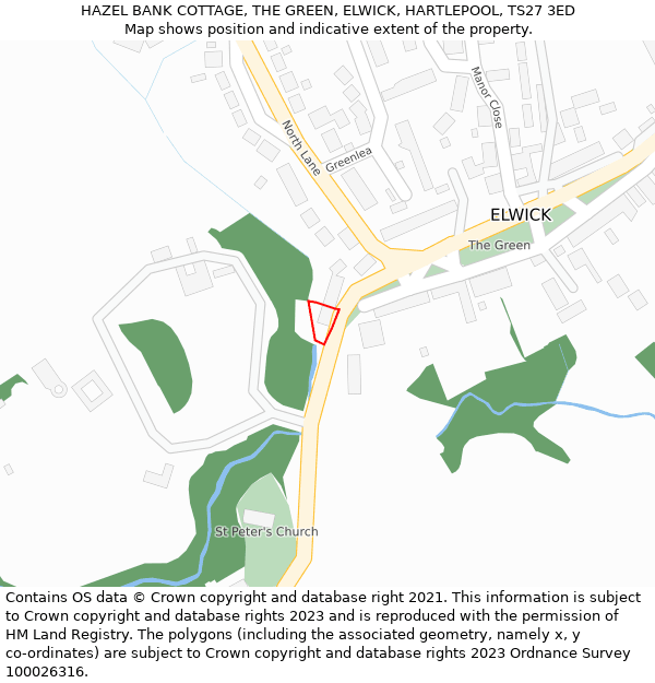 HAZEL BANK COTTAGE, THE GREEN, ELWICK, HARTLEPOOL, TS27 3ED: Location map and indicative extent of plot