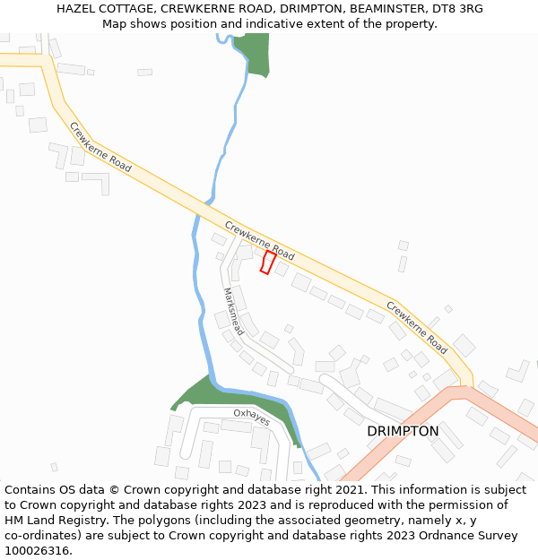 HAZEL COTTAGE, CREWKERNE ROAD, DRIMPTON, BEAMINSTER, DT8 3RG: Location map and indicative extent of plot