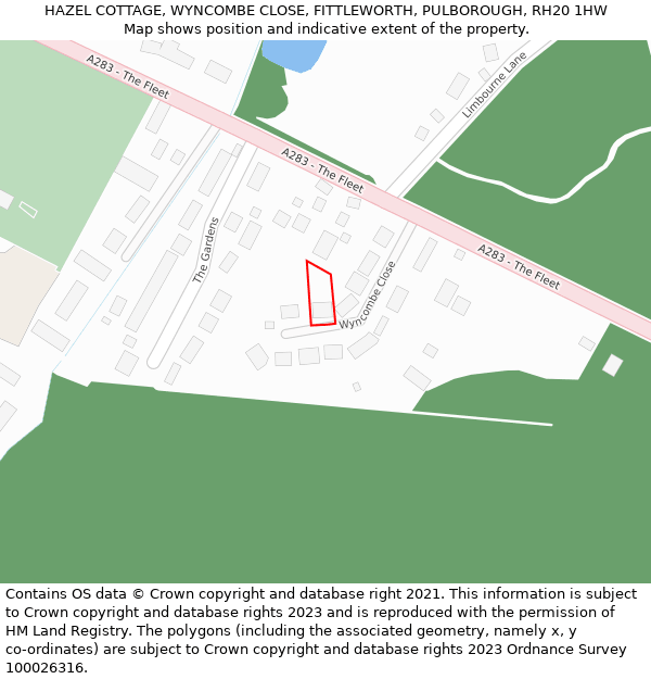 HAZEL COTTAGE, WYNCOMBE CLOSE, FITTLEWORTH, PULBOROUGH, RH20 1HW: Location map and indicative extent of plot