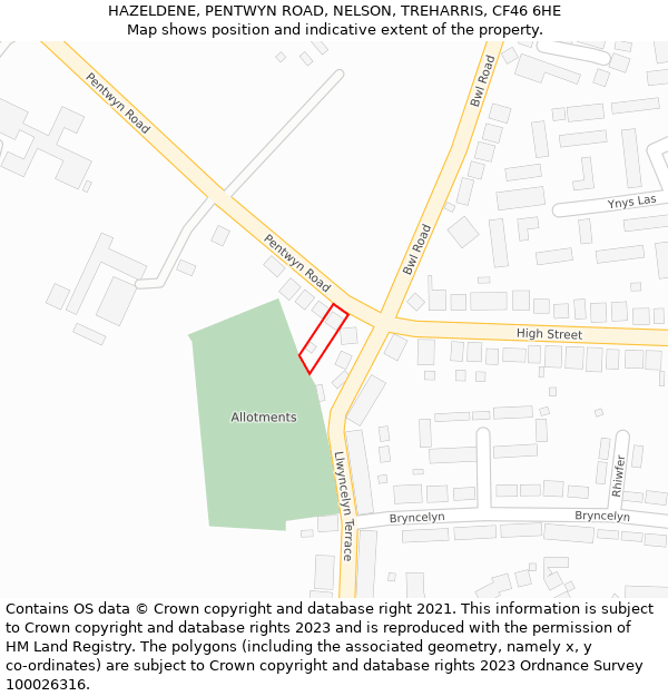 HAZELDENE, PENTWYN ROAD, NELSON, TREHARRIS, CF46 6HE: Location map and indicative extent of plot