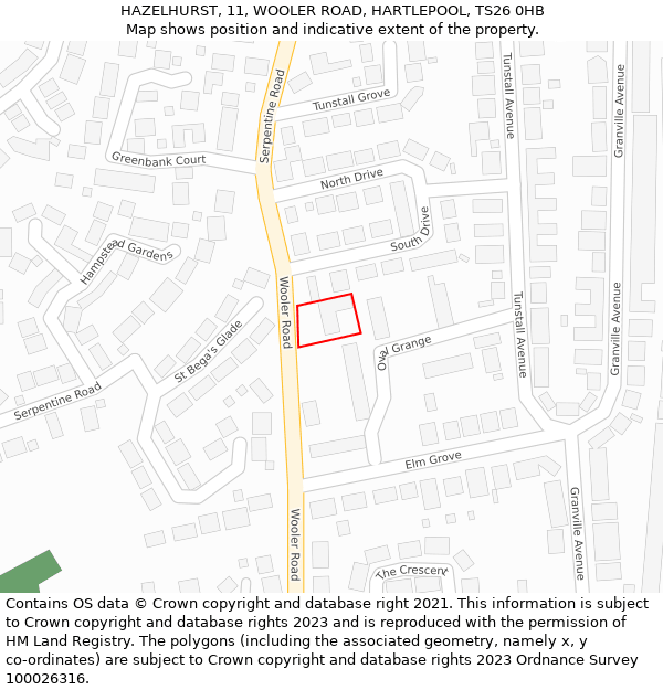 HAZELHURST, 11, WOOLER ROAD, HARTLEPOOL, TS26 0HB: Location map and indicative extent of plot