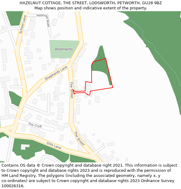 HAZELNUT COTTAGE, THE STREET, LODSWORTH, PETWORTH, GU28 9BZ: Location map and indicative extent of plot