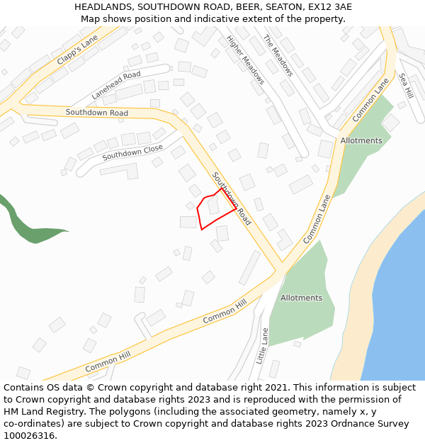 HEADLANDS, SOUTHDOWN ROAD, BEER, SEATON, EX12 3AE: Location map and indicative extent of plot