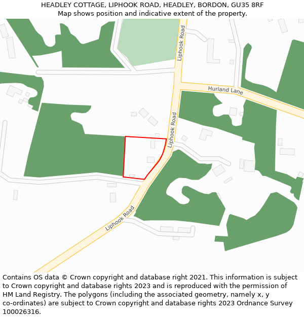 HEADLEY COTTAGE, LIPHOOK ROAD, HEADLEY, BORDON, GU35 8RF: Location map and indicative extent of plot