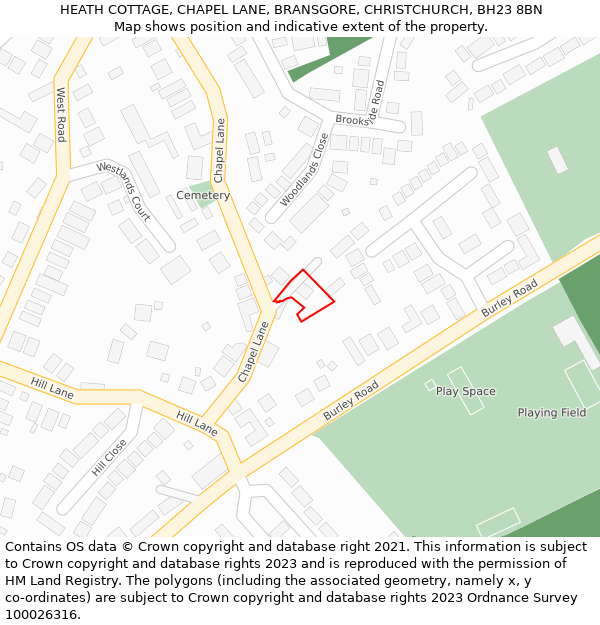 HEATH COTTAGE, CHAPEL LANE, BRANSGORE, CHRISTCHURCH, BH23 8BN: Location map and indicative extent of plot