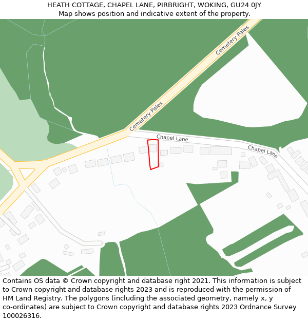 HEATH COTTAGE, CHAPEL LANE, PIRBRIGHT, WOKING, GU24 0JY: Location map and indicative extent of plot