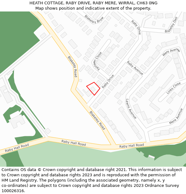 HEATH COTTAGE, RABY DRIVE, RABY MERE, WIRRAL, CH63 0NG: Location map and indicative extent of plot