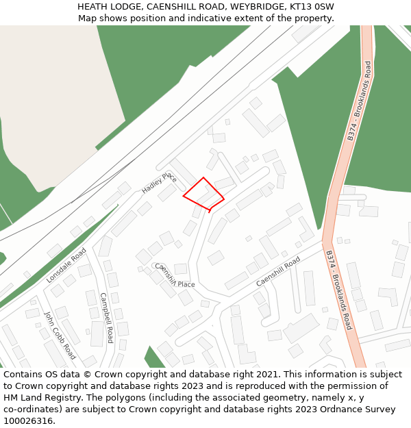 HEATH LODGE, CAENSHILL ROAD, WEYBRIDGE, KT13 0SW: Location map and indicative extent of plot