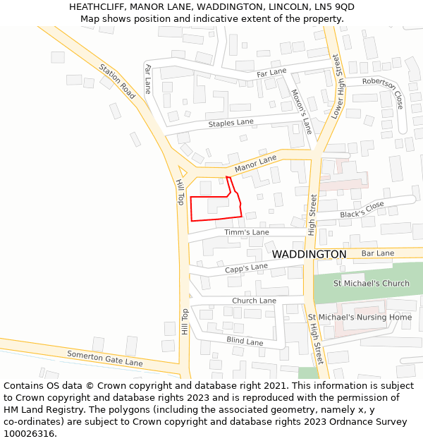 HEATHCLIFF, MANOR LANE, WADDINGTON, LINCOLN, LN5 9QD: Location map and indicative extent of plot