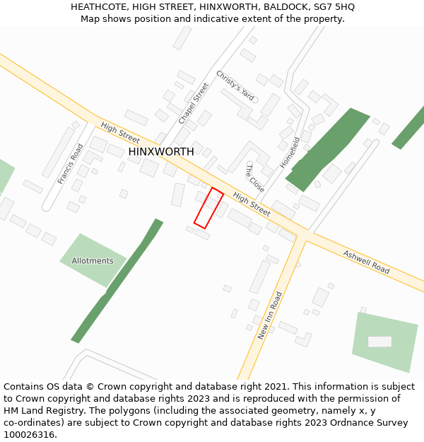 HEATHCOTE, HIGH STREET, HINXWORTH, BALDOCK, SG7 5HQ: Location map and indicative extent of plot