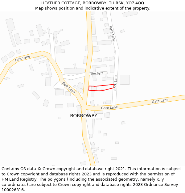 HEATHER COTTAGE, BORROWBY, THIRSK, YO7 4QQ: Location map and indicative extent of plot