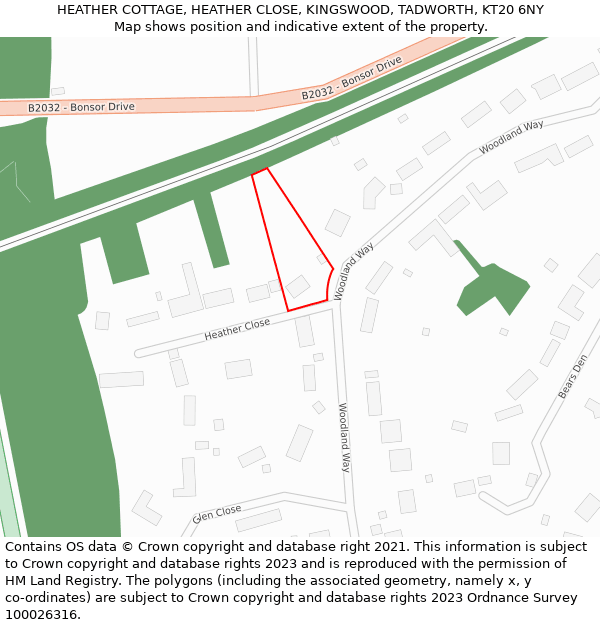 HEATHER COTTAGE, HEATHER CLOSE, KINGSWOOD, TADWORTH, KT20 6NY: Location map and indicative extent of plot